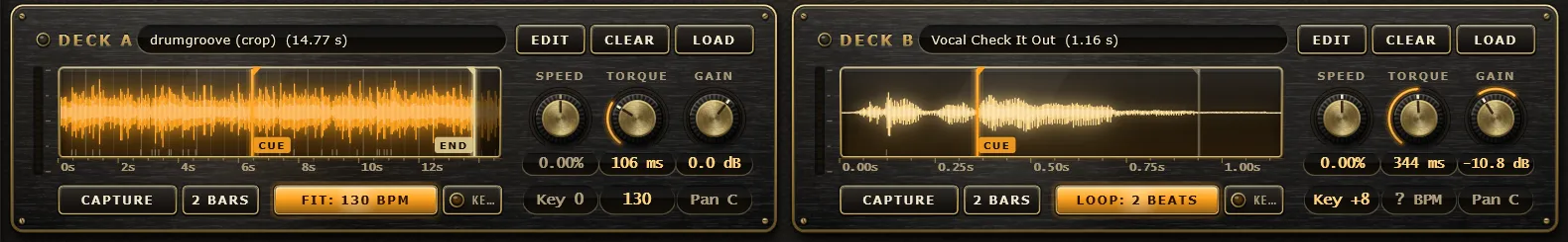 Deck A and Deck B strips with waveforms, cue and end markers, Speed, Torque and Gain knobs, and Sync Loop buttons.