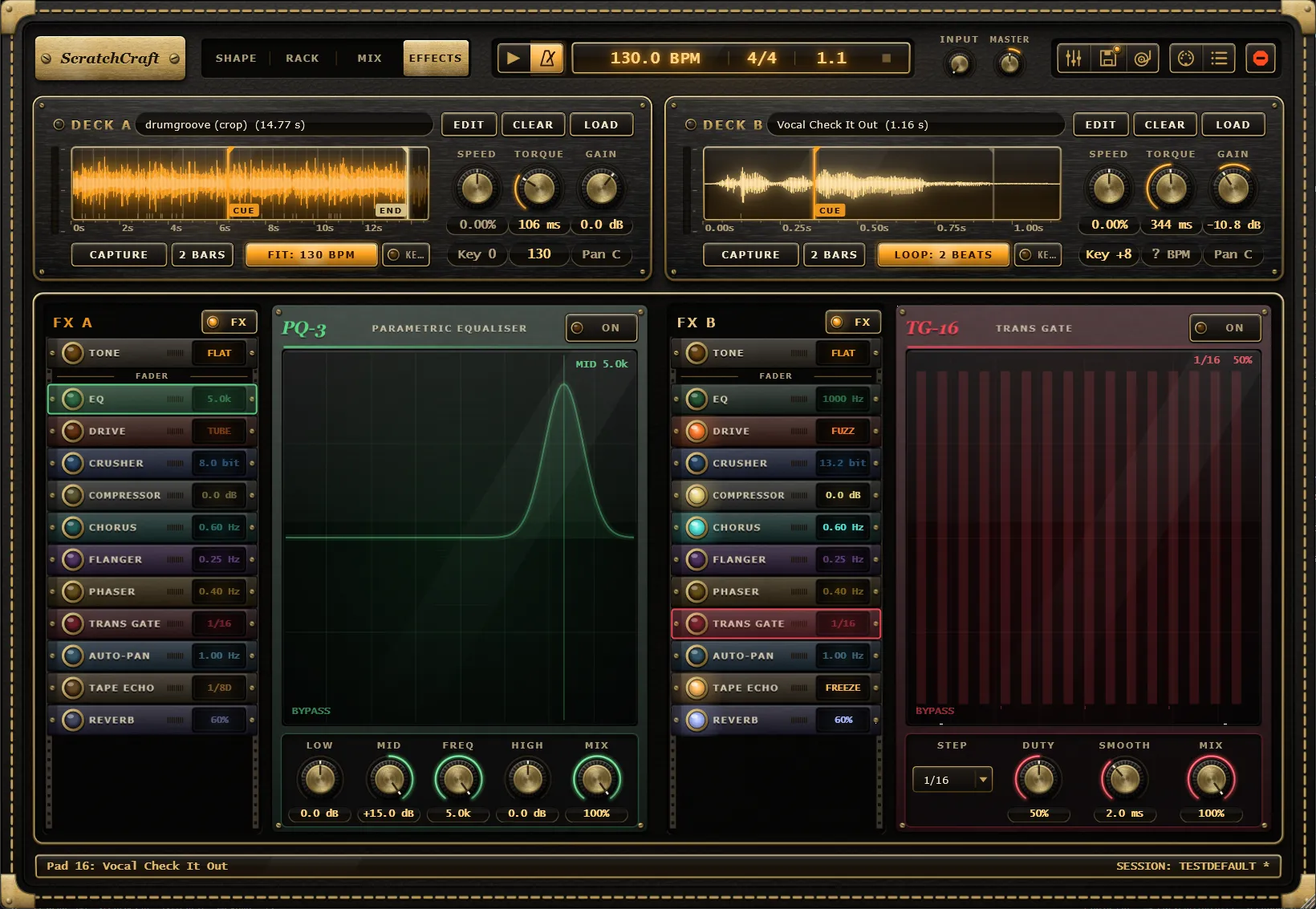 The Effects tab: the FX A and FX B racks of 1U strips from Tone to Reverb, with the PQ-3 Parametric Equaliser faceplate under rack A and the TG-16 Trans Gate faceplate under rack B