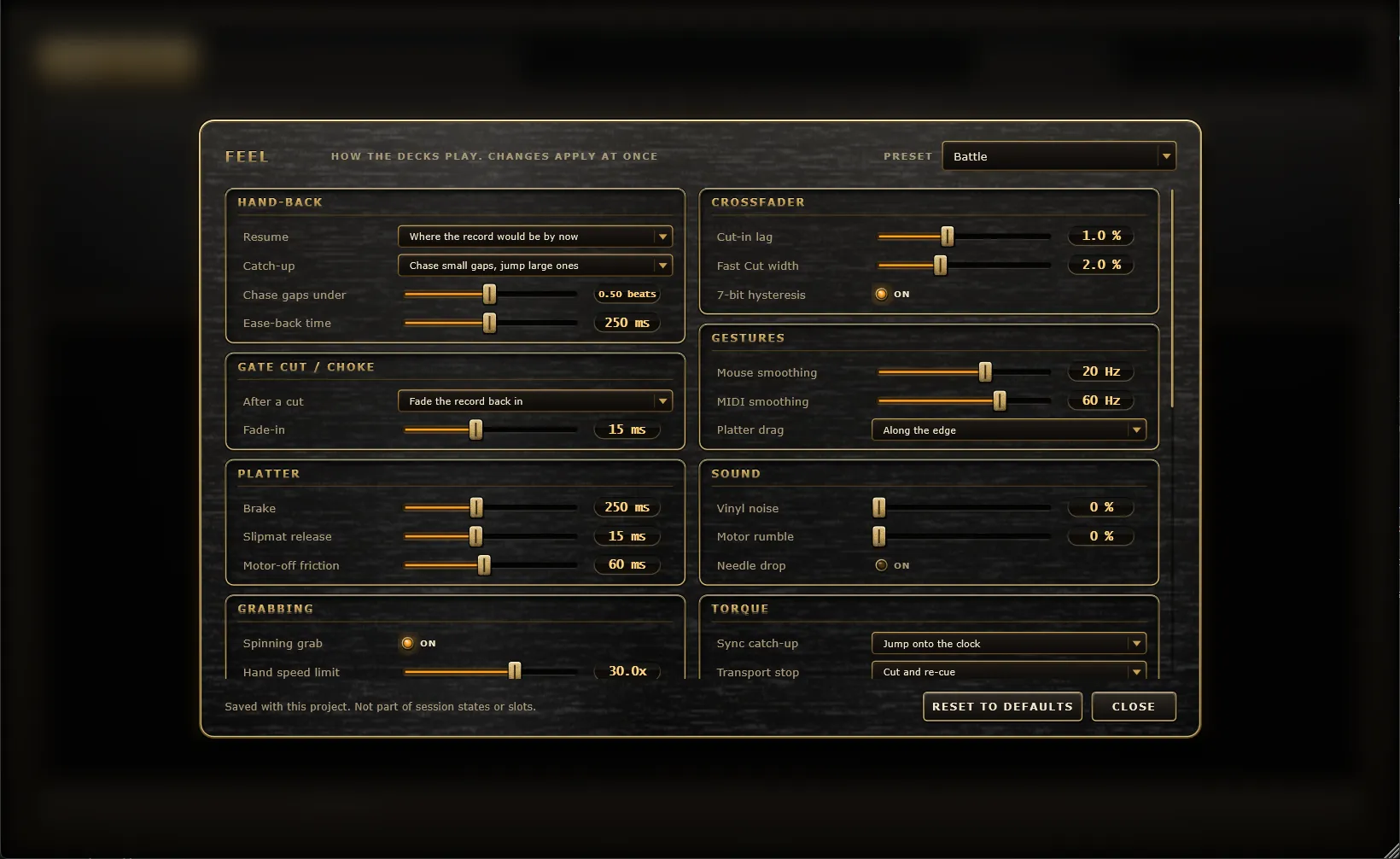 The Feel window with the Hand-back, Gate cut/choke, Platter, Grabbing, Crossfader, Gestures, Sound and Torque groups, and the Preset menu at the top right