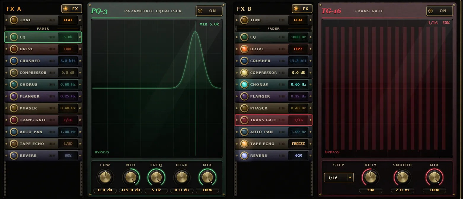 The Effects tab with a rack of eleven units per deck and the EQ and Trans Gate faceplates.