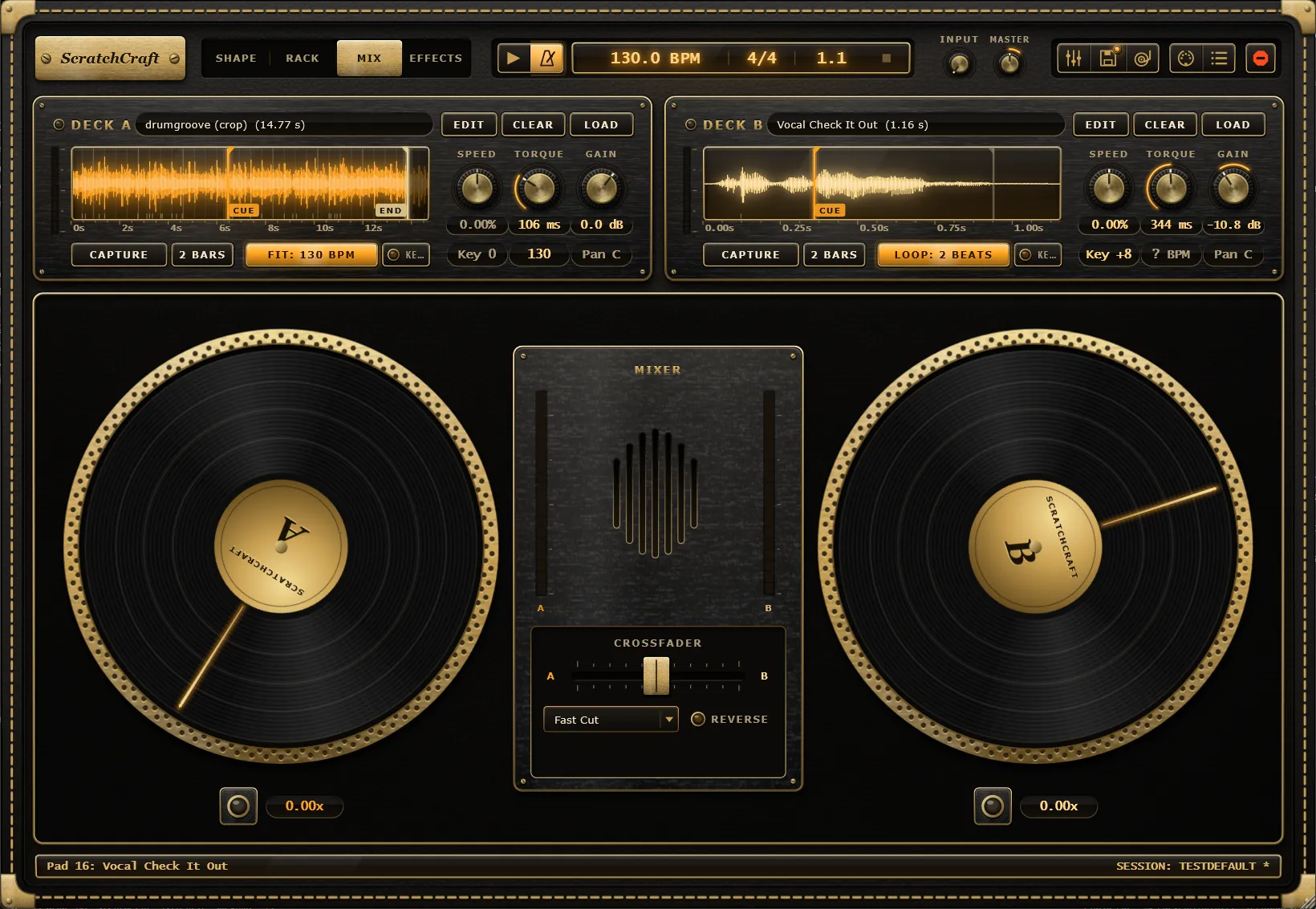 ScratchCraft's Mix view with two gold turntables and a crossfader.