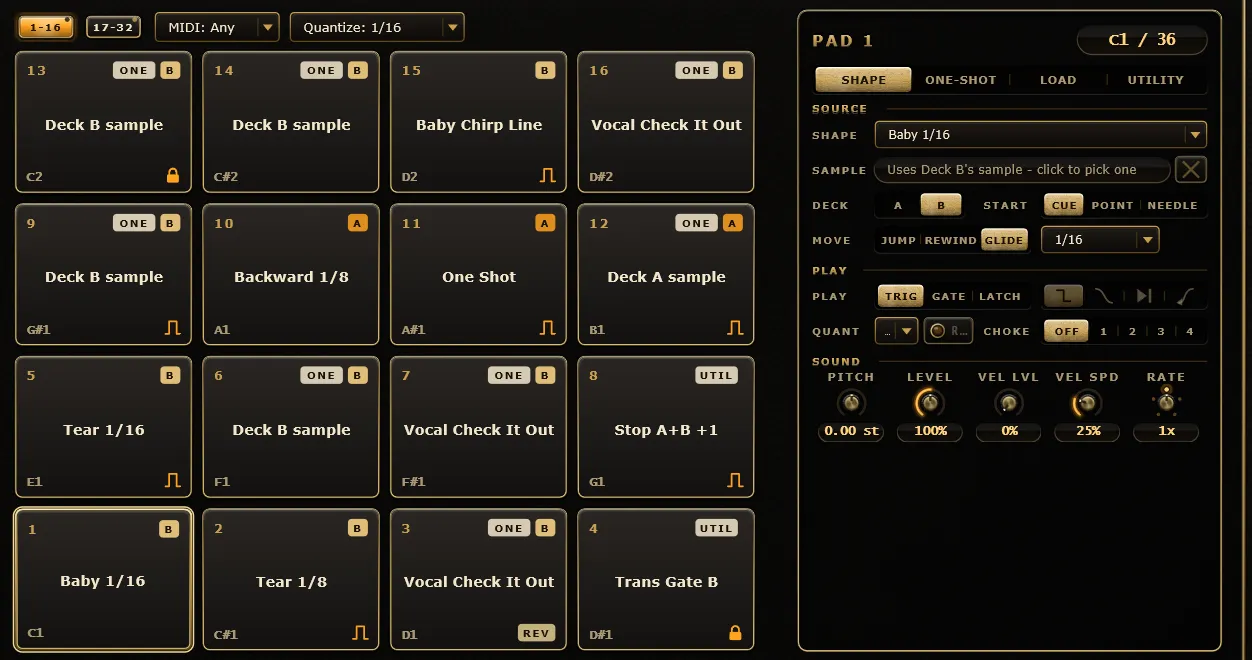 A 4 by 4 grid of pads with shape, one-shot and utility pads, next to the pad inspector.