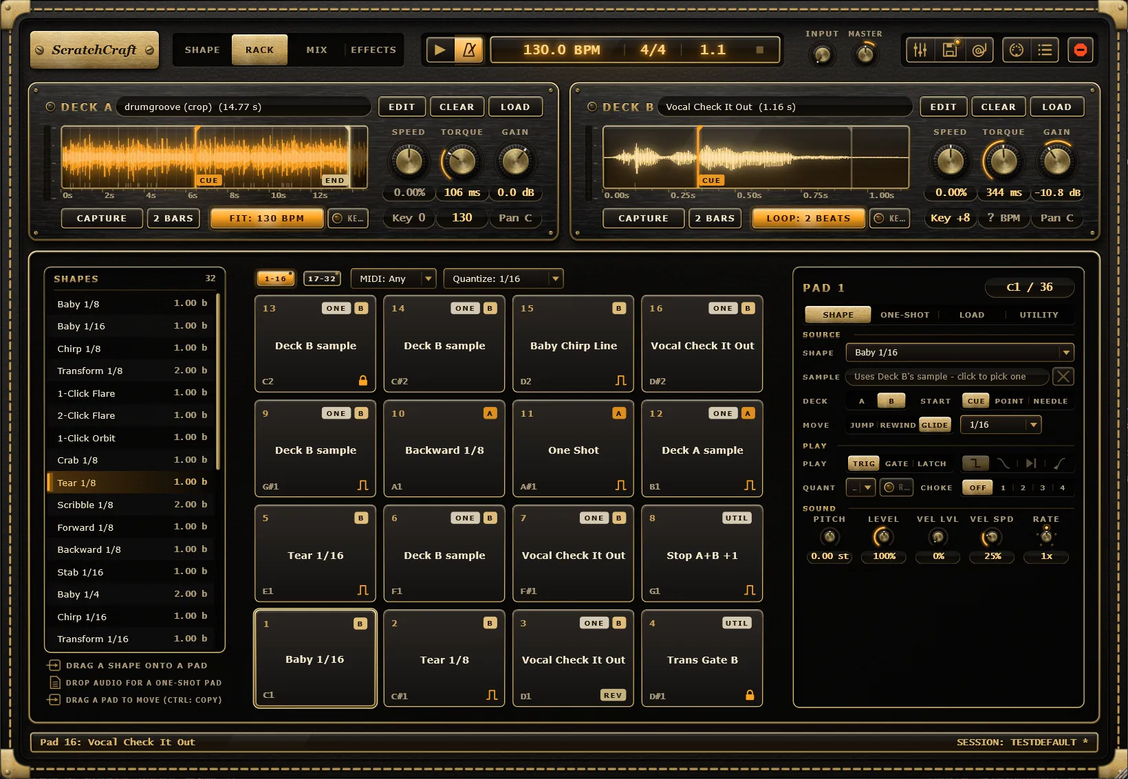Rack mode with the shape list, a 4 by 4 grid of pads and the pad inspector.