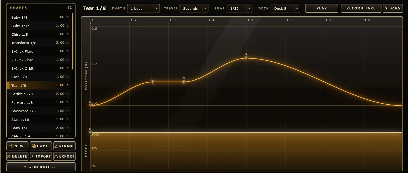 The shape list and editor showing a scratch curve over a fader lane.