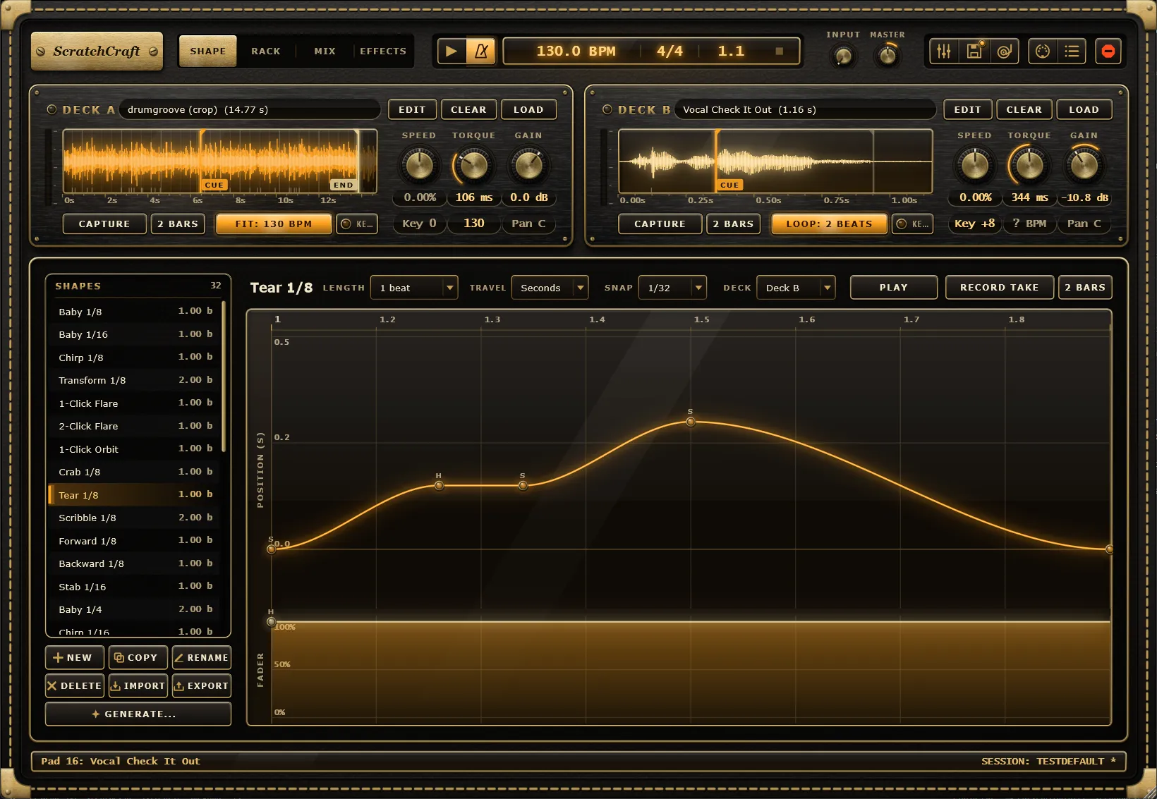 The Shape editor with a tear scratch drawn on the position lane and an open fader lane below.